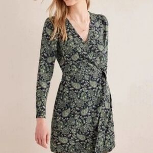 Boden Green Paisley Long-Sleeve Wrap Dress